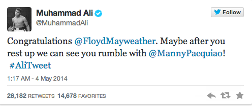 Muhammad Ali Tweets Floyd Mayweather