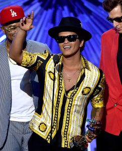 LOS ANGELES, CA - AUGUST 30:  Recording artists Bruno Mars (C) and Mark Ronson (R) accept the Best Male Video award for "Uptown Funk" onstage during the 2015 MTV Video Music Awards at Microsoft Theater on August 30, 2015 in Los Angeles, California.  (Photo by Kevin Winter/MTV1415/Getty Images For MTV)