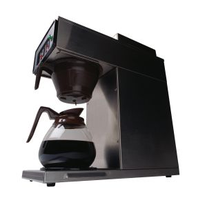 Pot of coffee brewing on automatic drip machine