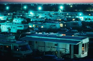 USA, Texas, Pharr, mobile home park illuminated at night