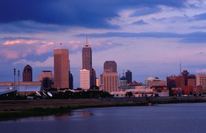 City skyline at dusk.