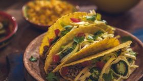 Mexican Tacos with Spicy Salsa, Minced Meat and Guacamole