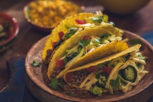 Mexican Tacos with Spicy Salsa, Minced Meat and Guacamole