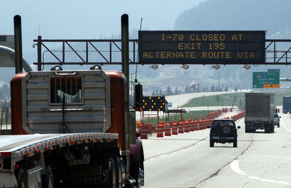Tracks are heading to west by using hwy 91 from Interstate 70 copper mountain exit because of a 20-by-20-foot sinkhole in the westbound lanes of Interstate 70 near the East Vail Exit Monday. (The Denver Post/ Hyoung Chang)