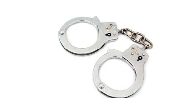 High Angle View Of Handcuffs On White Background