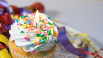Celebratie Birthday with a Cupcake Ribbons, Confetti , Sprinkles and Candle