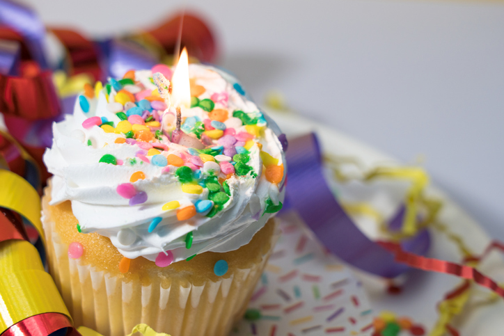 Celebratie Birthday with a Cupcake Ribbons, Confetti , Sprinkles and Candle