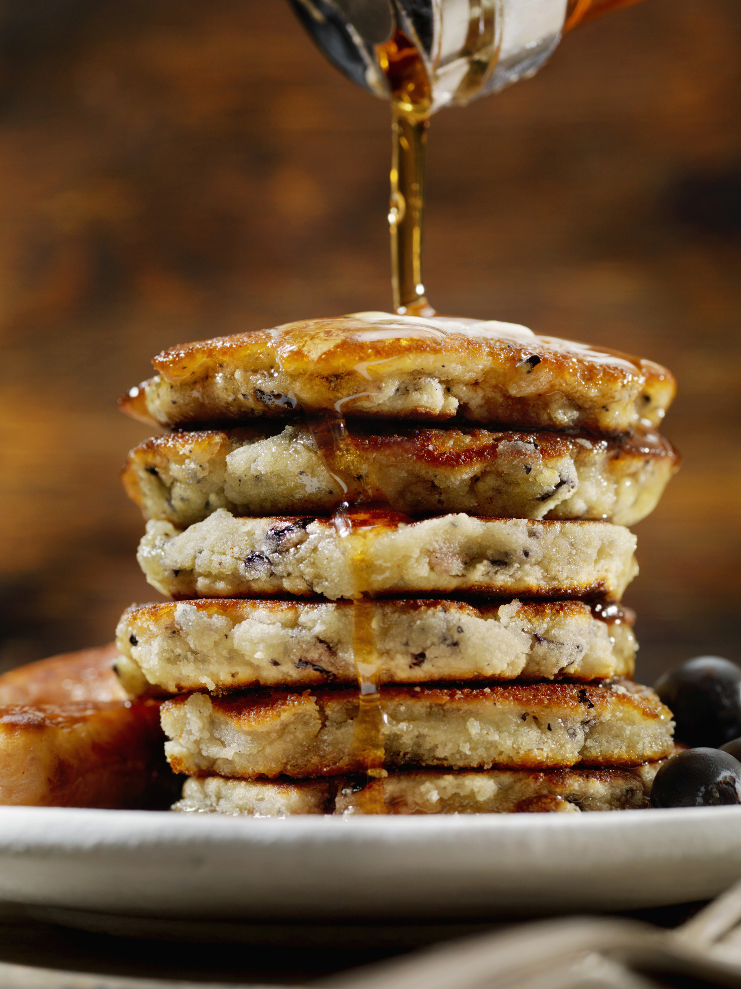 Mini Blueberry Pancakes with Maple Syrup and Sausages