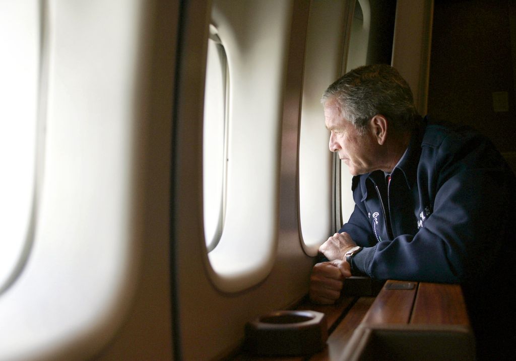 US President George W. Bush looks out th