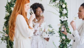 Bride talking to her friend via video call