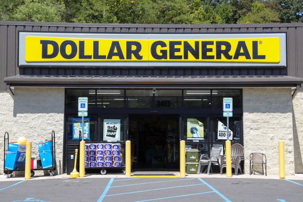 Merchandise is displayed at the entrance to a Dollar General...