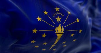 Close-up view of the Indiana state flag waving in the wind