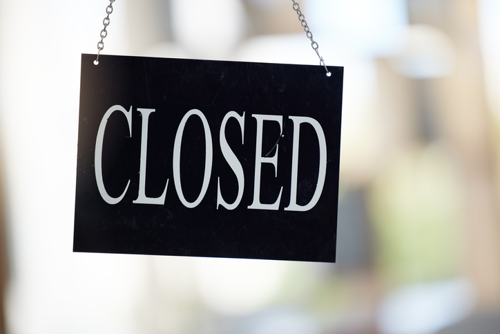 Retail, shop or store sign to show closed business in window, door or glass. Cafe, restaurant or coffee shop with poster that service has stop for client, customer and people in print notification