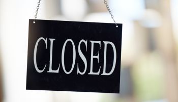 Retail, shop or store sign to show closed business in window, door or glass. Cafe, restaurant or coffee shop with poster that service has stop for client, customer and people in print notification