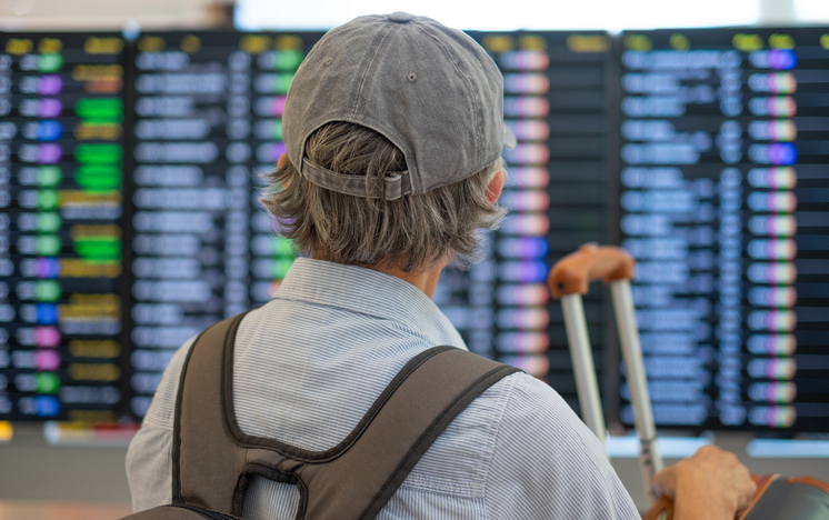 Back view of senior woman in airport looking at timetable schedule to check her flight departure gate. Traveler concept people with backpack and suitcases.