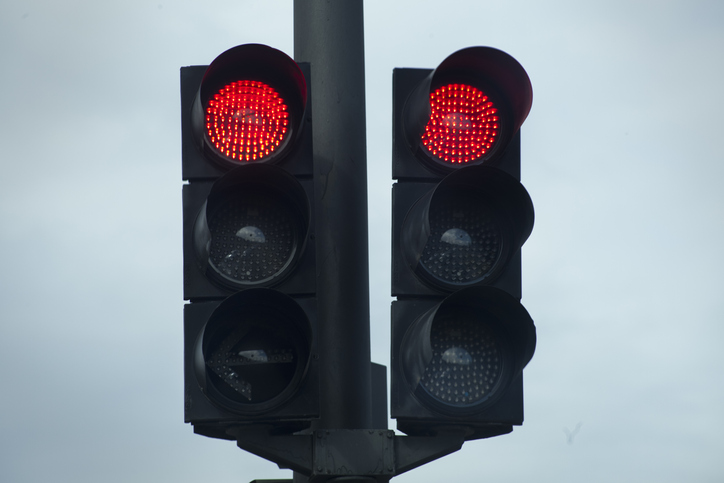 Red traffic lights, stop lights.