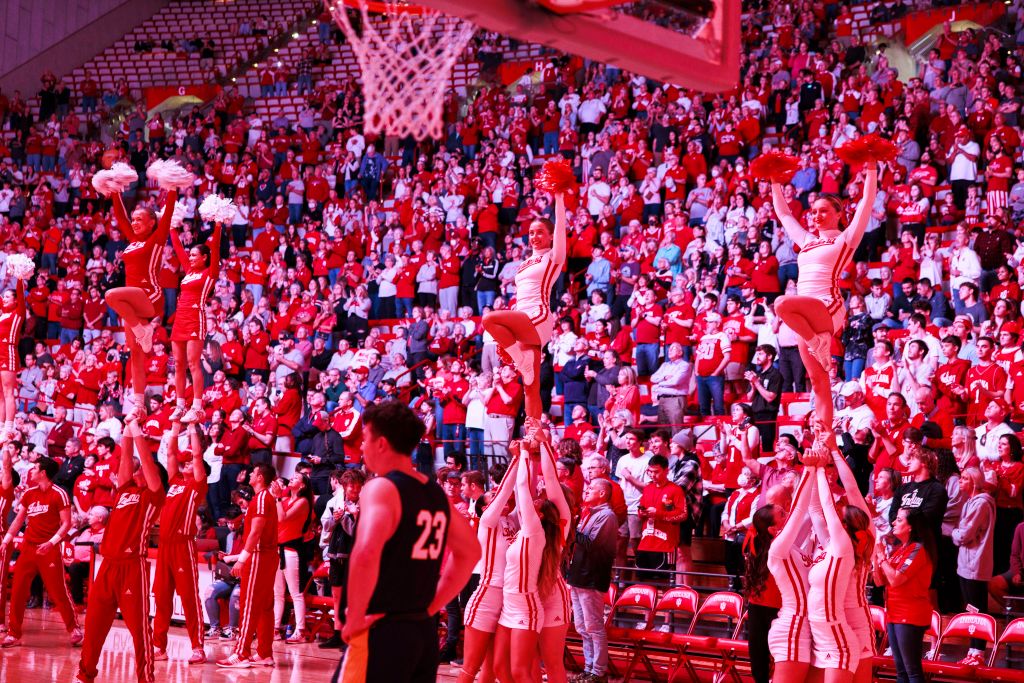 Indiana University cheerleaders cheer during introductions...