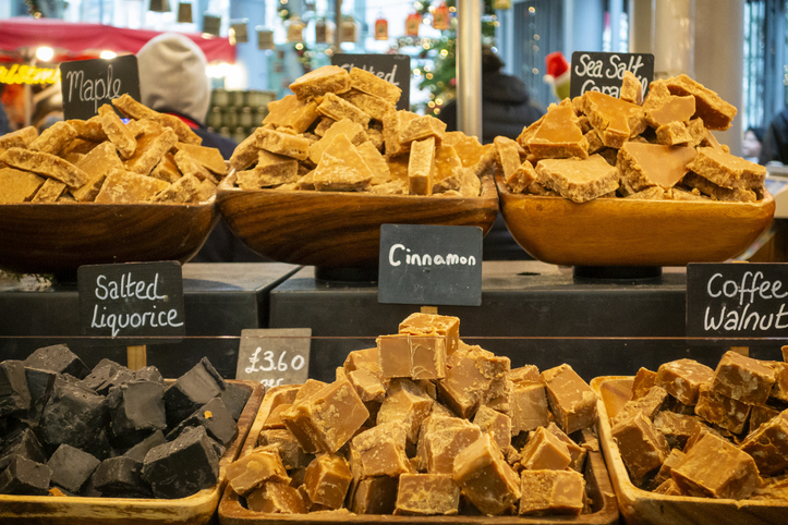 Different flavours of fudge on a stall in Borough Market