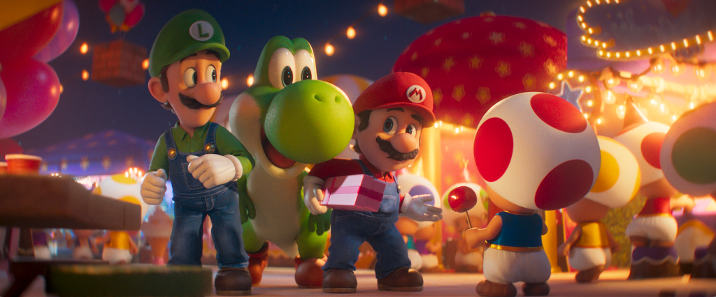Two Mario characters, Luigi and Mario, standing with Yoshi in a colorful, festive setting with mushrooms and lights.
