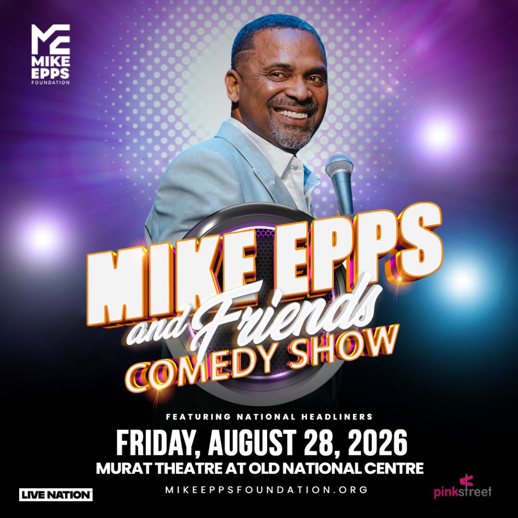 A smiling middle-aged Black man holding a microphone on a stage with the text "MIKE EPPS and Friends Comedy Show" and "FRIDAY, AUGUST 28, 2026" displayed.
