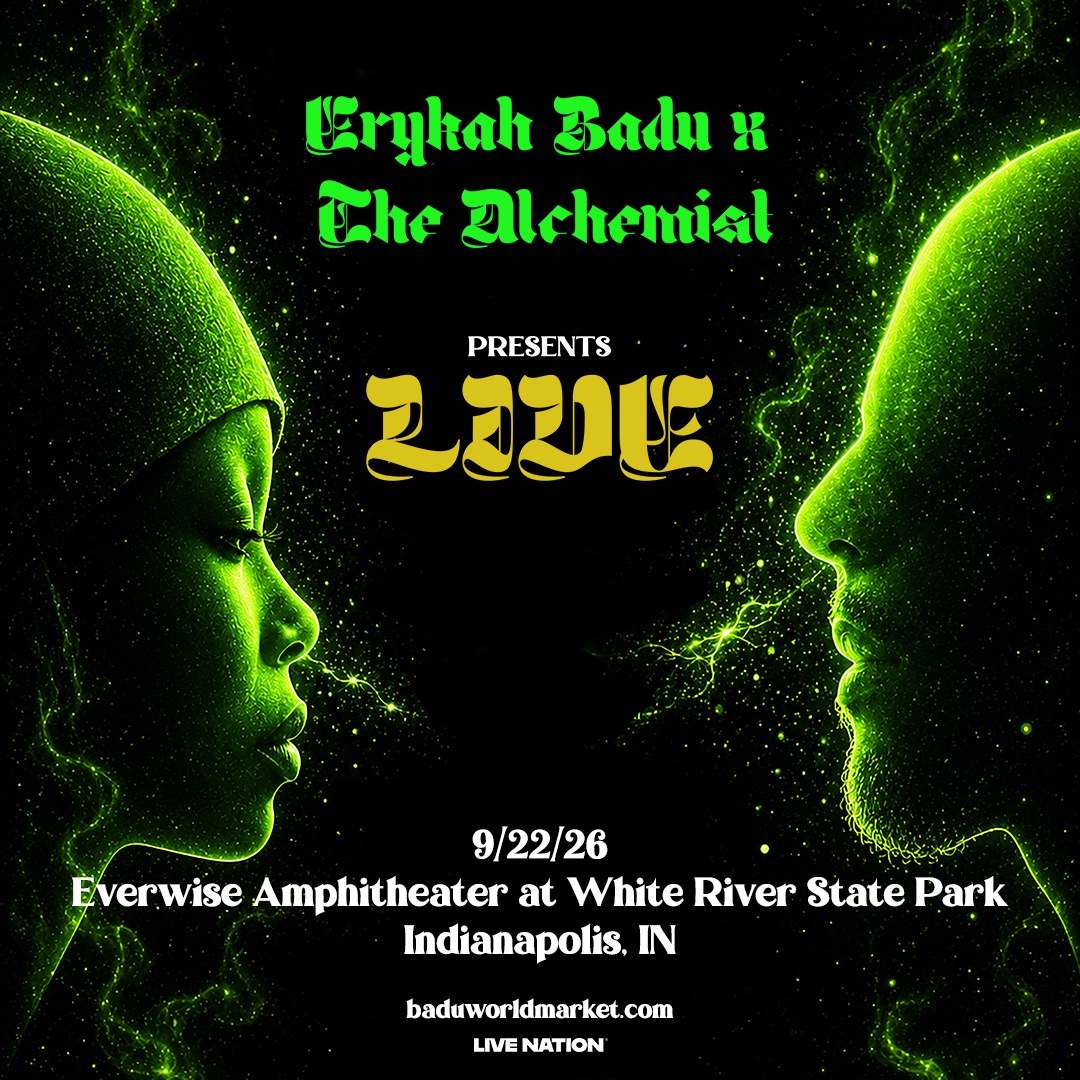 Promotional poster for a music event featuring a green alien-like figure with glowing eyes and text reading "Erykah Badu x The Alchemist Presents ZZZZ" and event details.