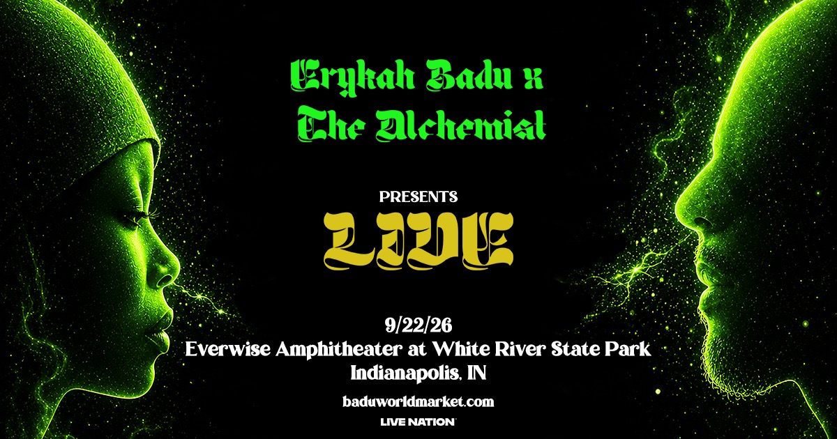 Promotional poster for a music event featuring the artist Erykah Badu x The Alchemist, presenting "ZZZZ" on 9/22/26 at Everwise Amphitheater in Indianapolis, IN.
