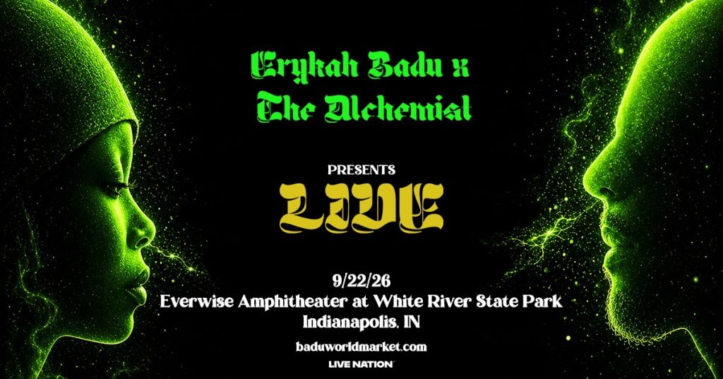Promotional poster for a music event featuring the artist Erykah Badu x The Alchemist, presenting "ZZZZ" on 9/22/26 at Everwise Amphitheater in Indianapolis, IN.