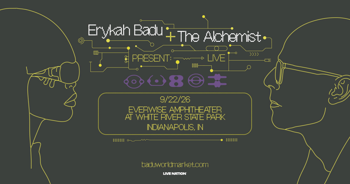 Promotional poster for a live performance by Erykah Badu and The Alchemist on 9/22/26 at Everywise Amphitheater in Indianapolis, IN.
