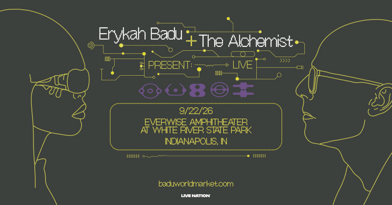 Promotional poster for a live performance by Erykah Badu and The Alchemist at Everwise Amphitheater in Indianapolis, IN on 9/22/26.