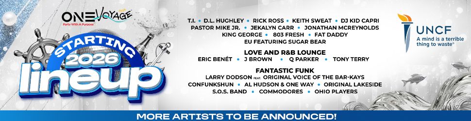 One Voyage music festival lineup poster for 2026 featuring artists like T.I., D.L. Hughley, Rick Ross, Keith Sweat, DJ Kid Capri, and more.