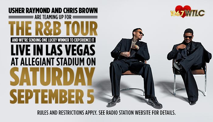 Usher Raymond and Chris Brown seated together, promoting their R&B tour and a chance to win a trip to see them perform live in Las Vegas on September 5.
