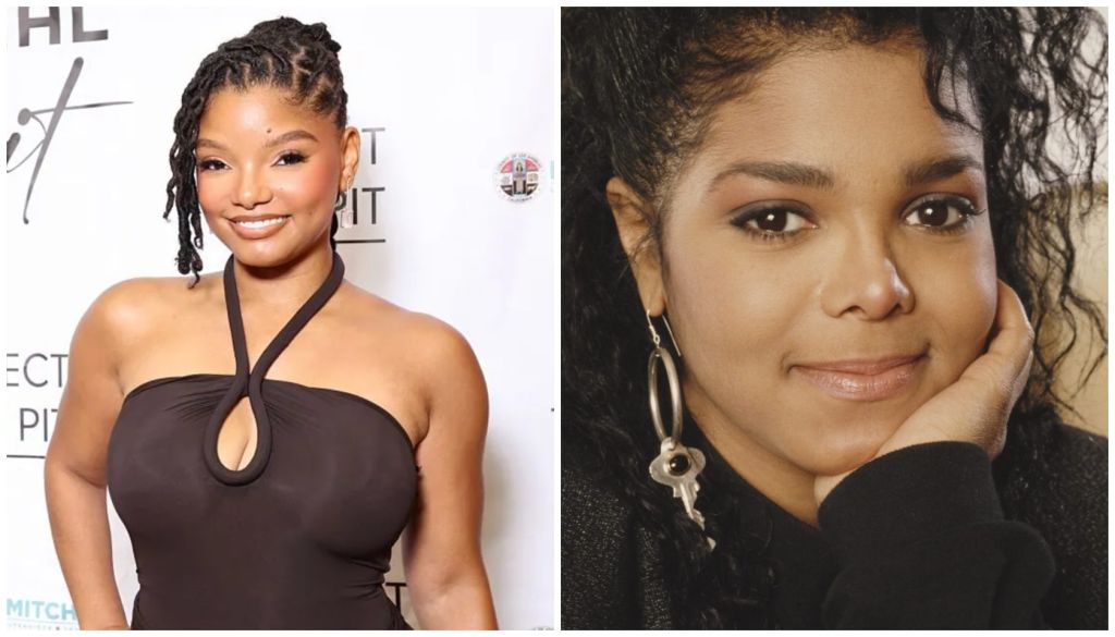Two images of a smiling woman with braided hairstyles, wearing a black halter top and large hoop earrings.