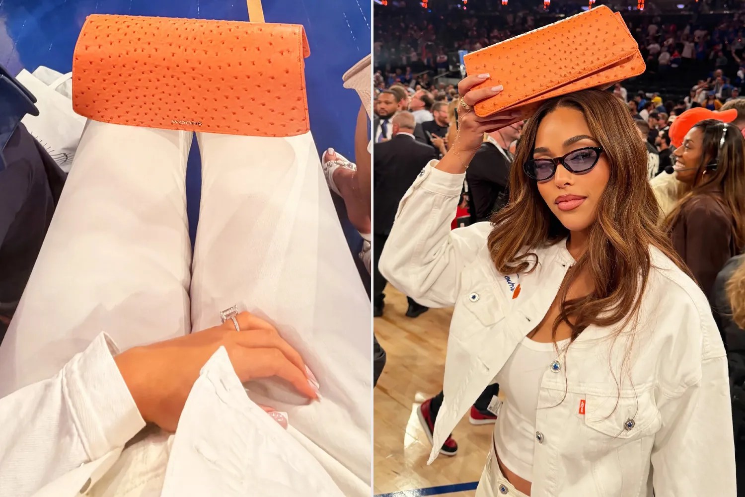 A person wearing a white jacket and holding an orange clutch purse in a crowded event venue.