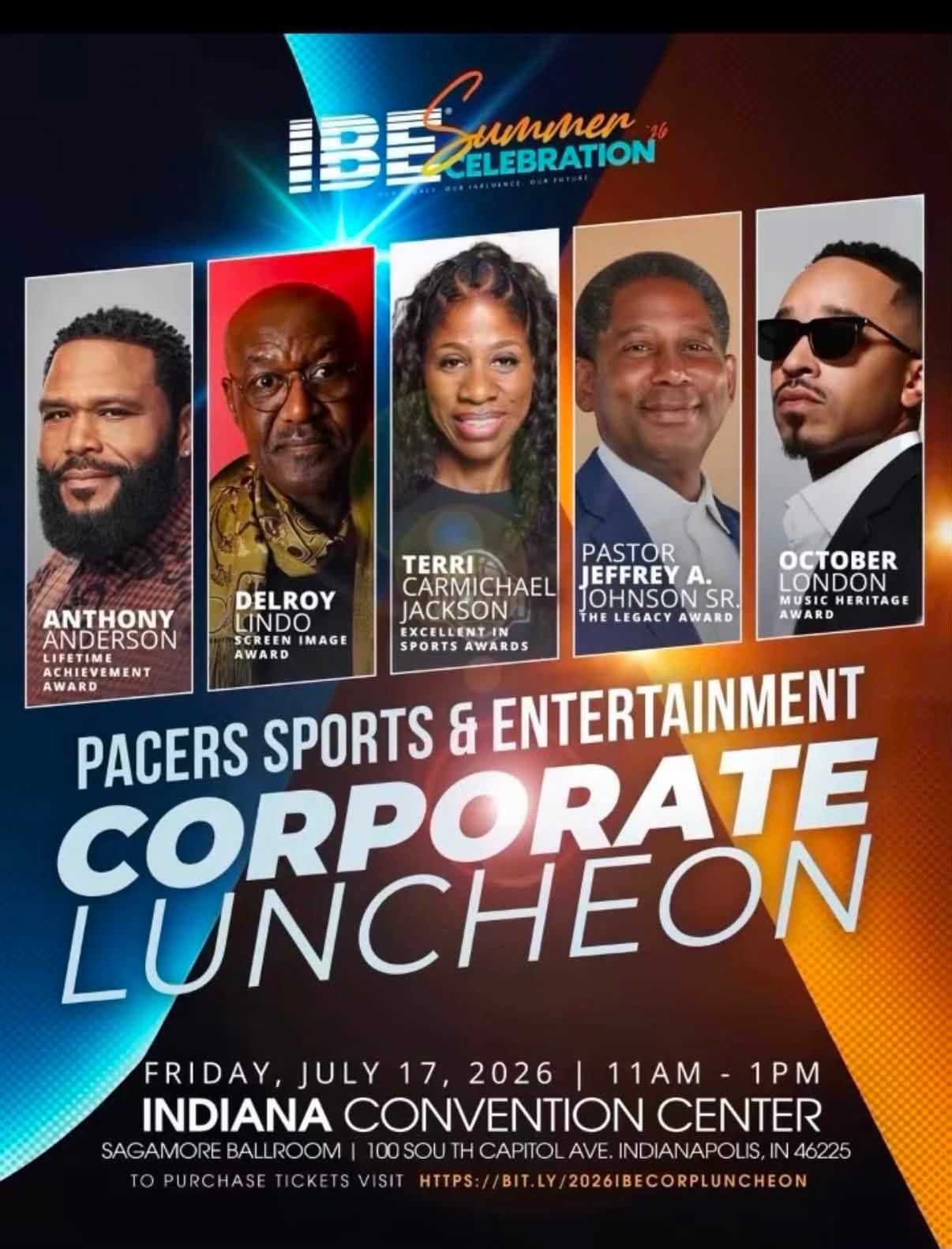 Promotional poster for the 2026 IBEC Summer Celebration event, featuring portraits of honorees Delroy Lindo, Terri Carmichael Jackson, Pastor Jeffrey A. Johnson Sr., and October London.