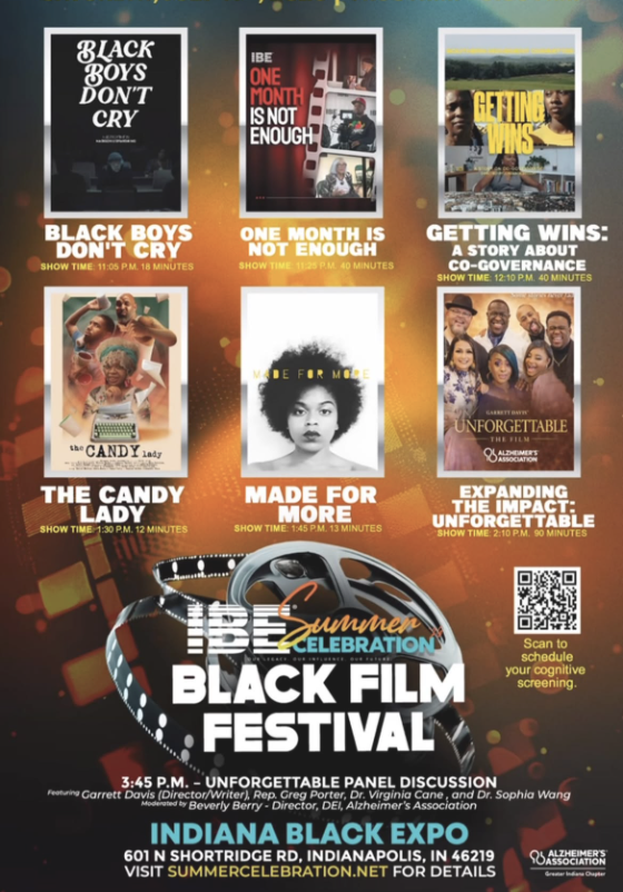 Poster for a Black Film Festival featuring movie posters and event details including "Black Boys Don't Cry", "One Month is Not Enough", and "Getting Wins: A Story About Co-Governance".