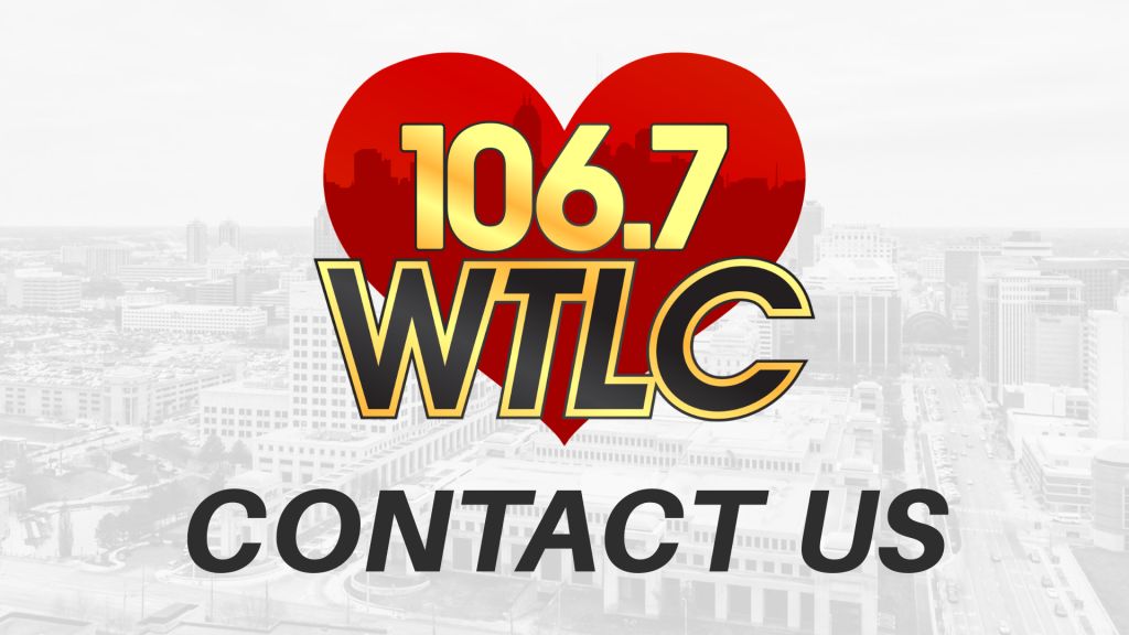 106.7 WTLC logo with "Contact Us" text against a cityscape background.