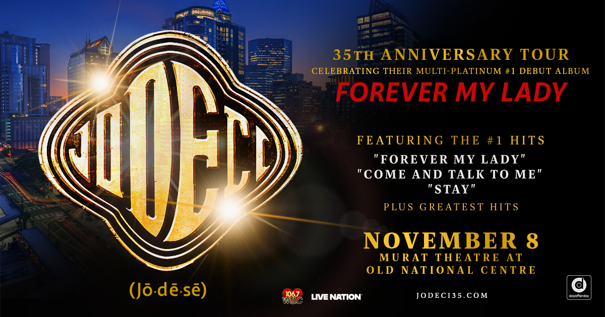 Nighttime cityscape with illuminated skyscrapers and a large golden "JODECI" logo, promoting their 35th anniversary tour for the album "Forever My Lady".