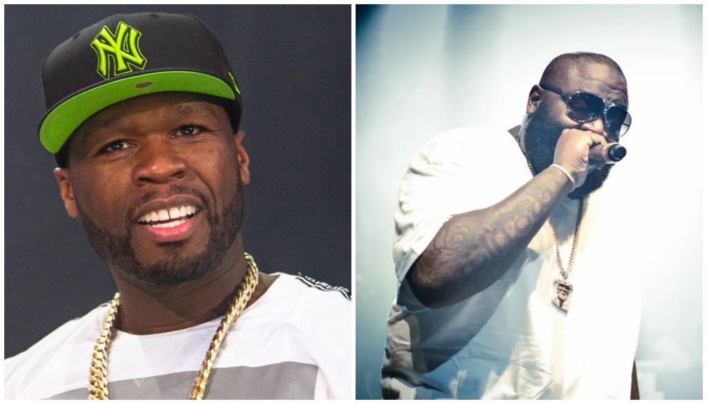 Two images of the rapper 50 Cent - one showing him smiling and wearing a New York Yankees cap, the other showing him performing on stage with a microphone.