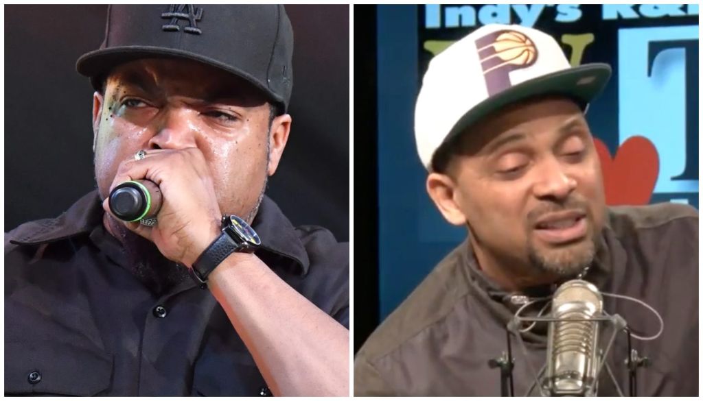 Two men speaking into microphones, one wearing a Los Angeles Dodgers baseball cap and the other wearing a Pacers basketball cap.