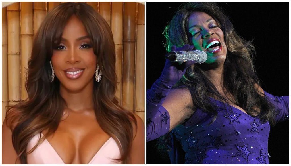 A smiling woman with long dark hair wearing a pink dress, and a woman singing on stage in a purple sequined dress.