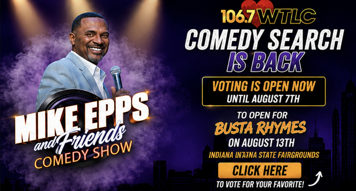 A smiling African American man holding a microphone on stage, with text promoting a comedy show and voting for Busta Rhymes.