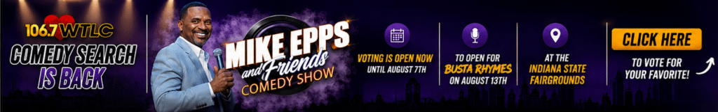 Mike Epps and Friends comedy show banner with voting information and event details