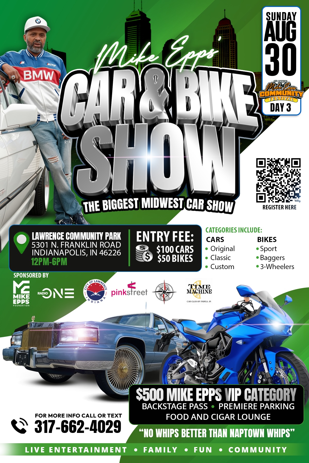Car & Bike Show: The Biggest Midwest Car Show on Sunday, August 30 at Lawrence Community Park in Indianapolis, IN. Categories include cars, bikes, and 3-wheelers.