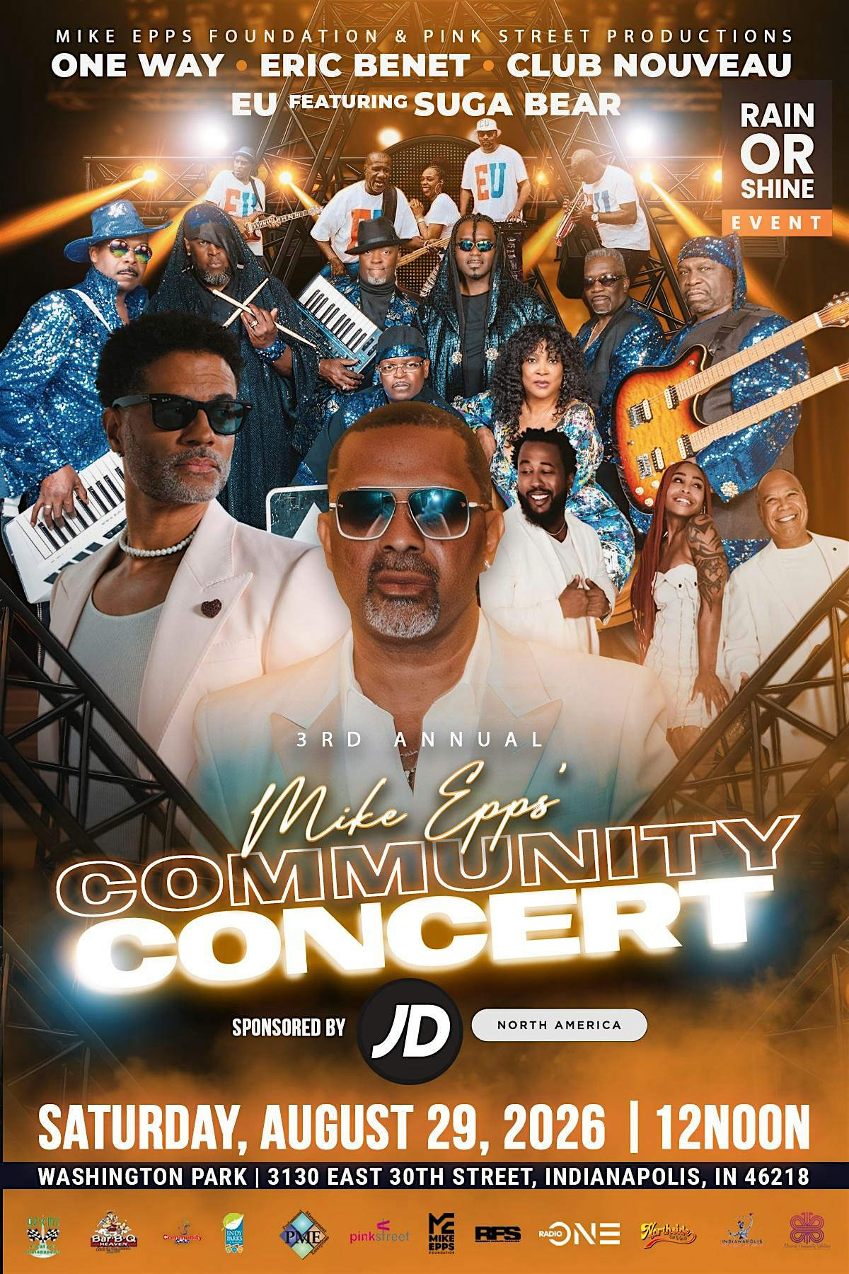 A concert poster featuring a diverse group of musicians performing on stage, including the band One Way, Eric Benet, Club Nouveau, and Suga Bear. The event is the 3rd Annual Mike Epps Community Concert, sponsored by JD and taking place on August 29, 2026 in Indianapolis.