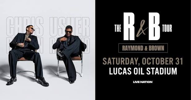 Two men in suits sitting in chairs, one with sunglasses. Text: "The R&B Tour", "RAYMOND & BROWN", "SATURDAY, OCTOBER 31", "LUCAS OIL STADIUM", "LIVE NATION".