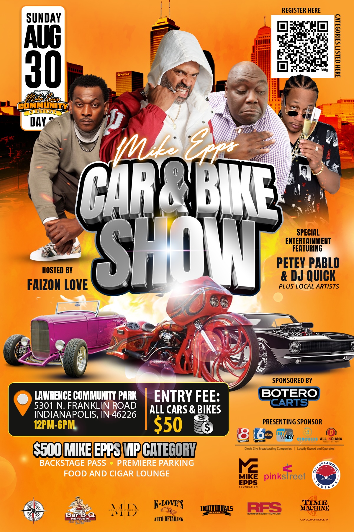 A flyer for a car and bike show featuring Petey Pablo and DJ Quick, with various custom vehicles and a cityscape backdrop.