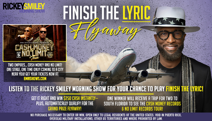 Rickey Smiley, a Black man wearing sunglasses and a hat, stands in front of a private jet. Text promotes "Finish the Lyric Flyaway" contest with cash prizes.