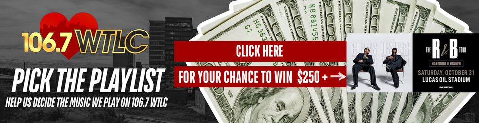 The image shows a radio station logo for 106.7 WTLC, along with a "Click Here" button and a large pile of US dollar bills.