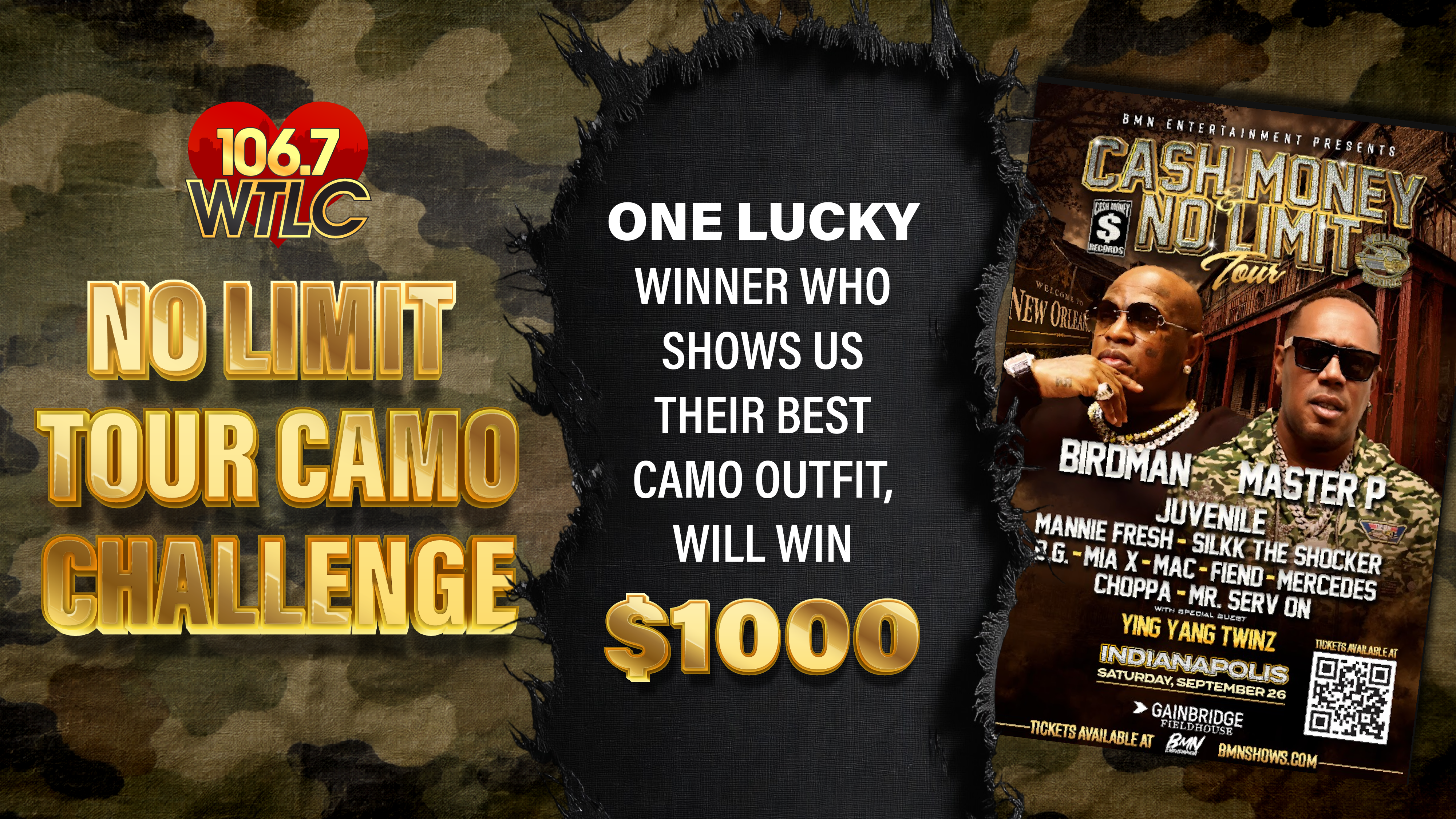 Poster advertising a "No Limit Tour Camo Challenge" event, with details about a $1000 prize for the best camouflage outfit. The poster features images of rappers Birdman, Master P, Juvenile, and others.